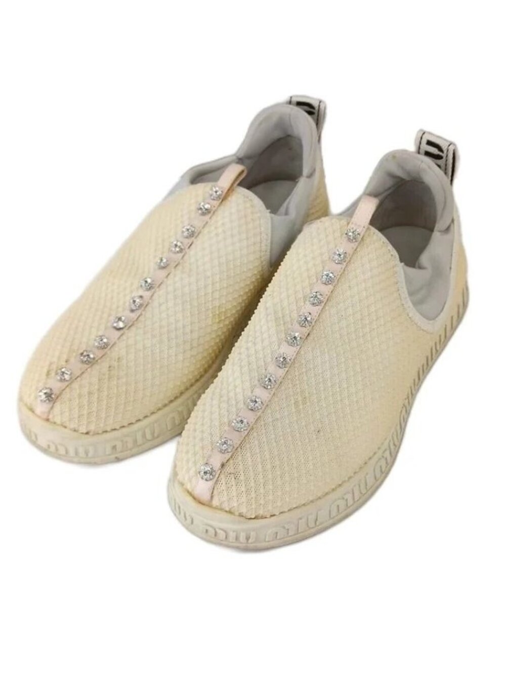 Miu Miu Crystal Bijou Mesh Slip-on Sneakers Low Cut Ivory Pink